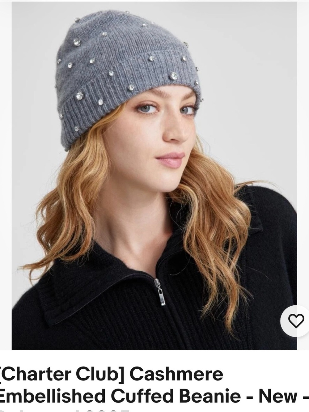 Charter Club Grey Cashmere Beanie with Crystal Embellishments